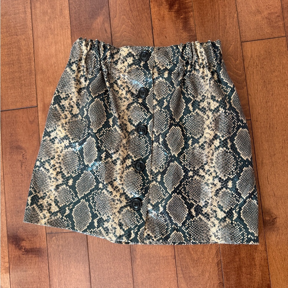 Zara Beige and Black Snake-Print Button Mini Skirt
